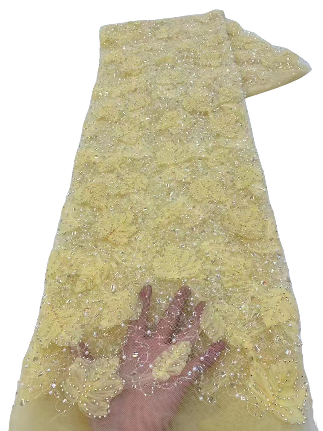 Hojas tridimensionales bordadas tela de malla bordada vestido de boda vestido