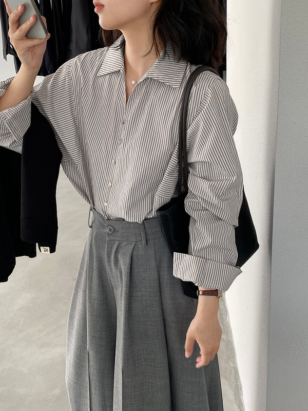 江左 复古韩系女式条纹衬衫女秋季气质慵懒风单排扣长袖衬衣 6329|undefined