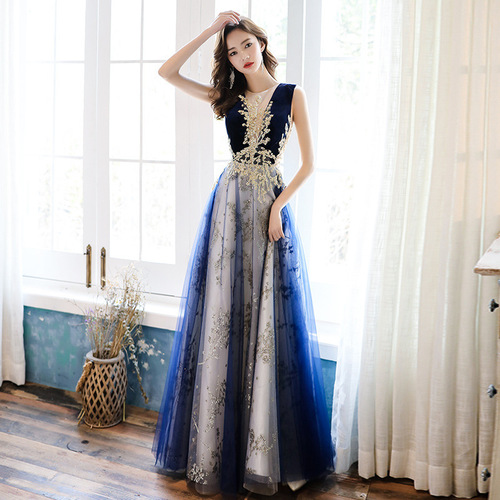 Blue sequins lace evening Party dress temperament women dignified and elegant atmosphere long host the annual meeting of the dress