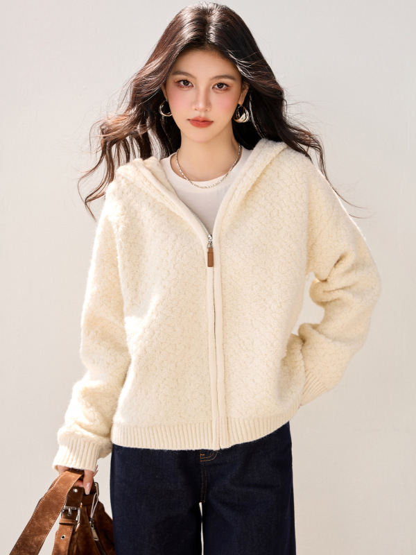 Real Shot ◆ 2025 High-End Cashmere Hooded Zipper Sweater for Women Autumn and Winter New Style Lazy Soft Waxy Knitted Top