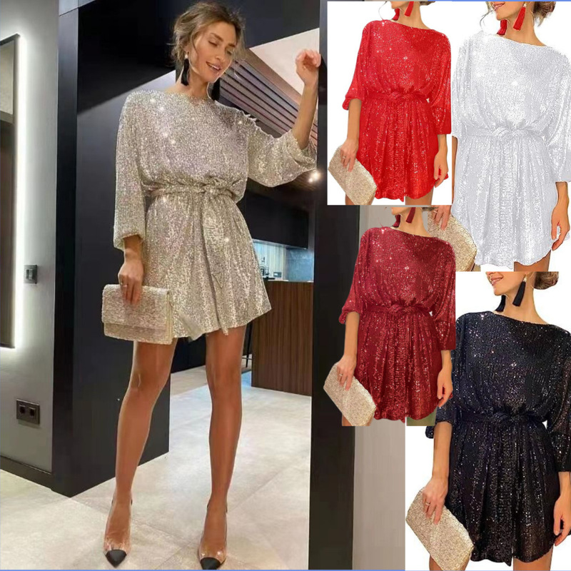 2025 Amazon Cross-Border Summer New Loose Sequined Round Neck Long-Sleeved Casual Sequin Dress (