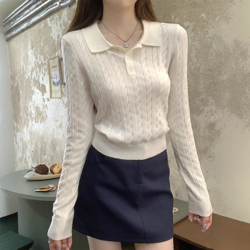 Polo Collar Knitwear Women's Autum New Korean Hemp Texture Simple Style Fashion Niche Versatile Work Clothing Top