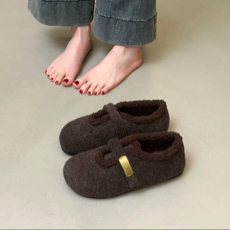 Лесной стиль ретро плюс бархатные туфли Birkenstock для женщин, все включено осень-зима 2025 плоские пушистые туфли, шапочка, тёплые хлопковые носки