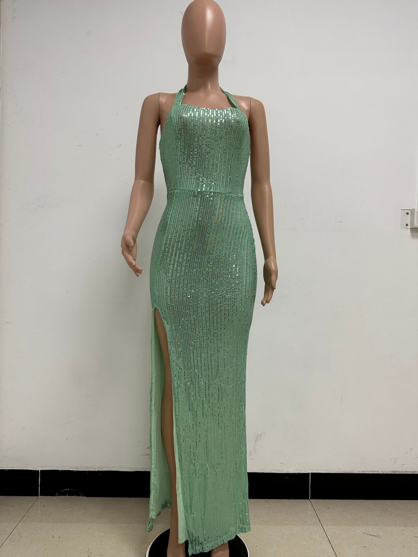 350g Weight Maxi Long Dress Dress Length Type Sleeveless Sleeve Length Party Dress Dresses Type Spandex, Polyester Fabric Type High Waist Waist Line Banquet, Party Occasion Halter Neck Neckline Slim Fit Type Solid Color Pattern Summer, Spring, Autumn Season Women's Gender Sequins Design Elegant, Sexy Style Wholesale Women's Elegant Sexy Sequins Solid Color Banquet Party Halter Neck Sleeveless Party Dress 37