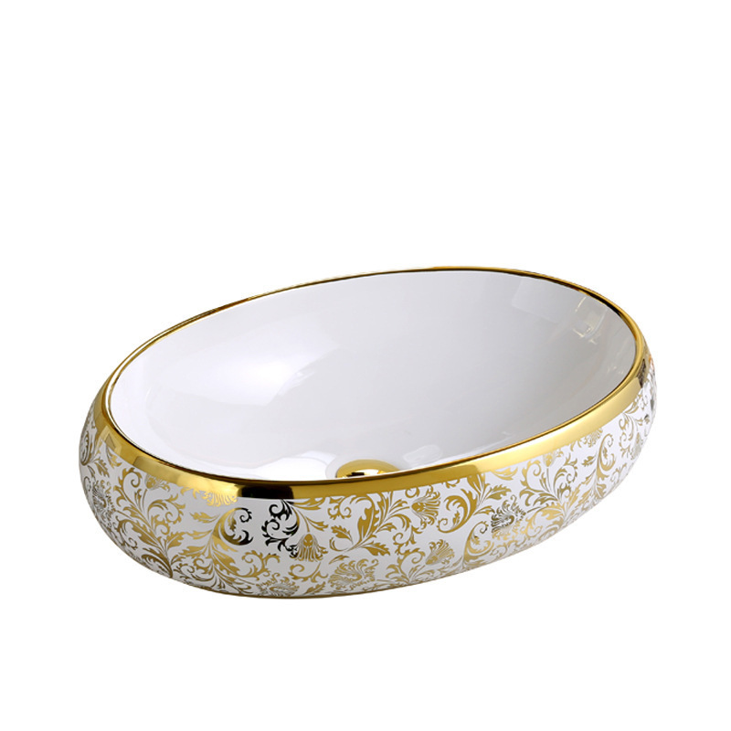Exportación de alta temperatura color oro tablero lavabo lavabo de cerámica ligera de lujo fábrica de hotel lavabo galvanizado al por mayor