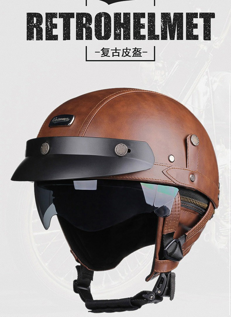 Retro Leather Half-Helmet Motorcycle Helmet for Men and Women, 3C Certified Electric Scooter Riding Safety Helmet with Goggles