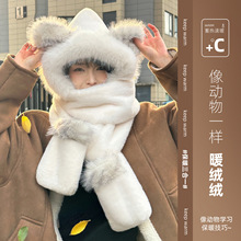 围巾秋冬季女款小熊耳朵毛绒保暖帽子手套一体可爱套头帽WJ25432