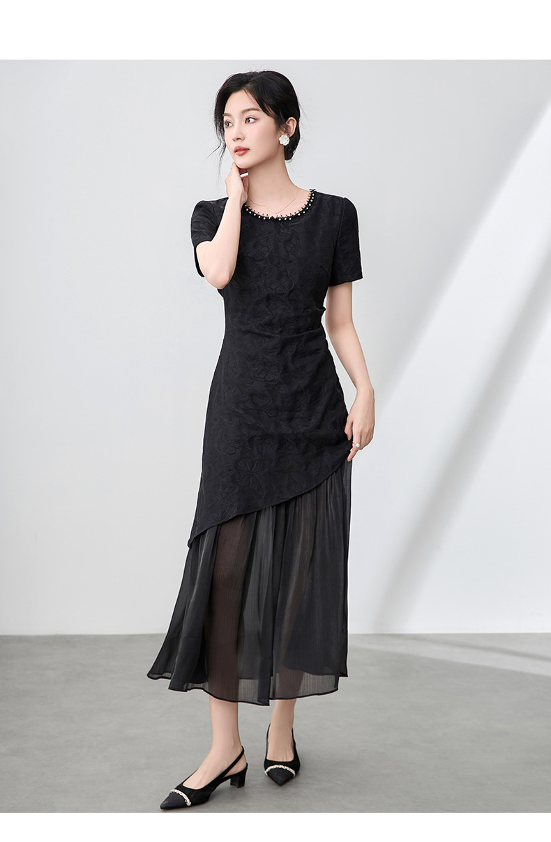 Váy maxi nữ cổ tròn đính cườm họa tiết bướm jacquard phong cách Trung Quốc — Màu đen chi tiết 11