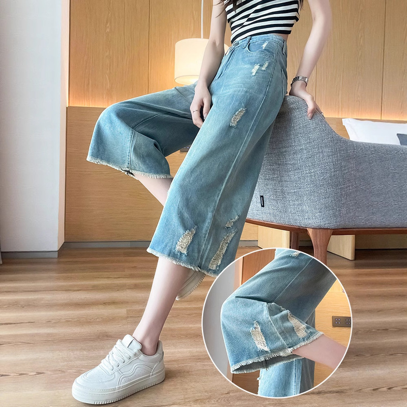 Vintage Ripped Cropped Straight-Leg Jeans for Women, Summer 2025, High-Waisted, Loose, Slimming, Petite, Nostalgic Wide-Leg Pants