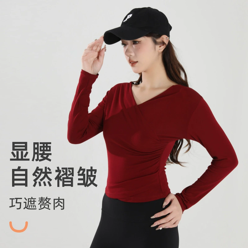 Новая осенне-зимняя одежда для йоги: футболка с длинным рукавом и плиссированной талией, облегающая и удобная, подходит для бега, тренировок и занятий фитнесом на открытом воздухе.