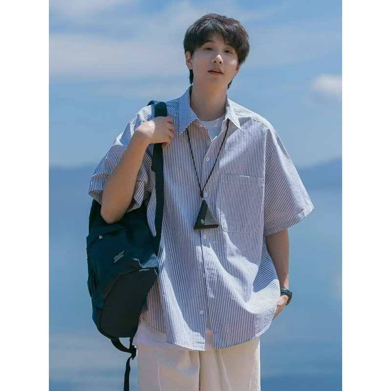 Japanese-Style Striped Shirt for Men, Summer Loose Plus-Size Thin Jacket, Cityboy Trendy Casual Short-Sleeve Shirt