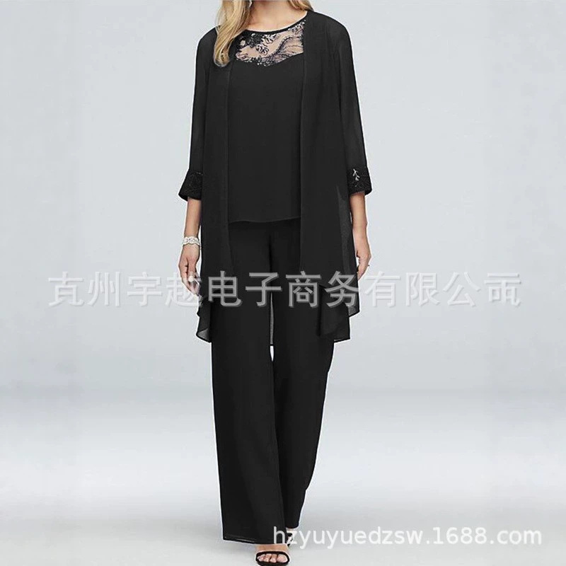 European and American Fashion Casual Suit Large Size Women's Elegant Lace Stitching Slim Chiffon Straight Leg Pants Three-piece Set