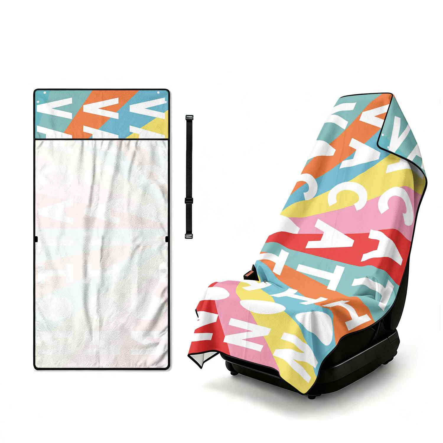 Printed bath towel and car seat cover 2-in-1, ultra-fine fiber outdoor beach and car dual-use universal seat cushion