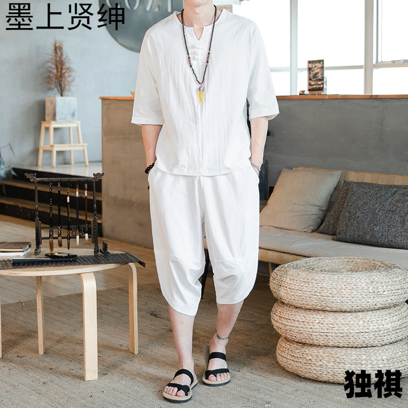 Pantalones casuales de lino, pantalones harem sueltos para hombres, pantalones cortos de manga corta de algodón y lino de estilo chino, pantalones cortos, traje de dos piezas para hombres