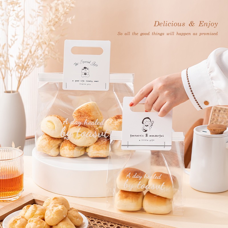 简约英文透明吐司包装袋铁丝卷边自封袋手提全麦切片面包袋子450g