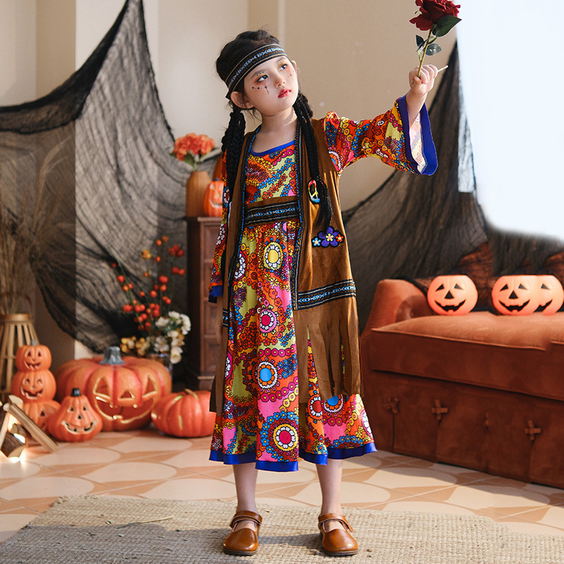 Halloween Children's Costume Carnival Dress Little Girl Retro Hong Kong Style Hippie 60S 70S Performance Outfit