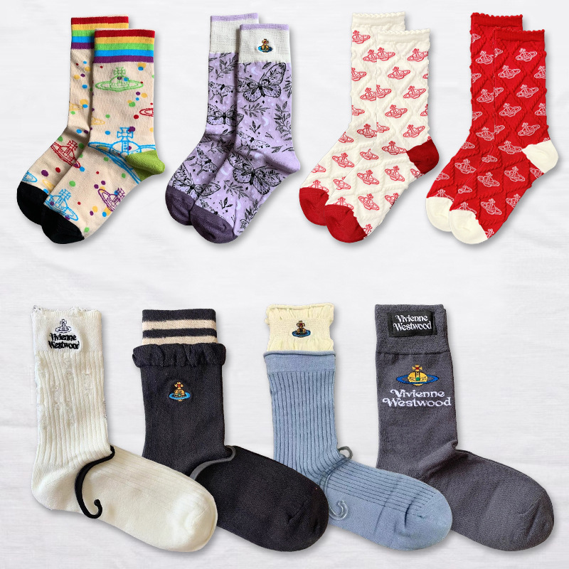 New Queen Mother of the West Vivienne Saturn Embroider Double-Needle Mid-Tube Women's Pile Japanese Style Trendy Cotton Socks Breathable