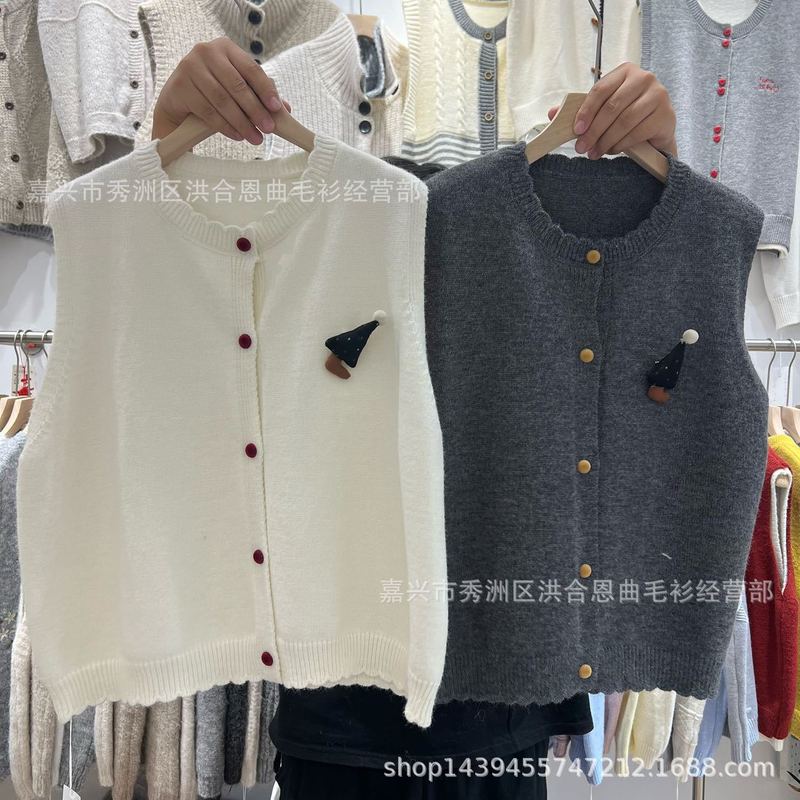 日系无袖叠穿毛衣马甲开衫女2025秋季新款宽松单排扣圆领针织背心|undefined