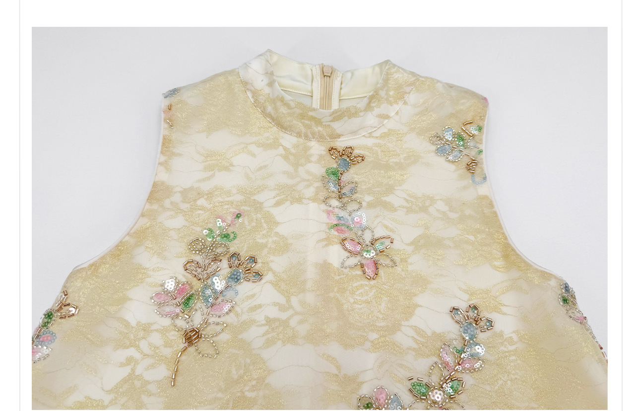 Bộ áo vest không tay lưới thêu đính cườm phong cách Tân Trung Hoa kèm chân váy nửa kín ZX P0337 — bộ đồ, Champagne màu nửa váy, Áo khoác màu mơ chi tiết 20