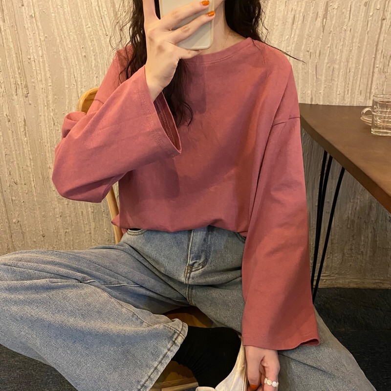 2026 Autumn New Long-Sleeve T-Shirt for Women, Basic Style, Loose and Sweet, Solid Color, Age-Reducing Top, Trendy Ins-Style Base Shirt