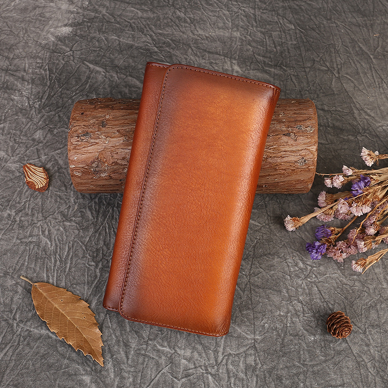 本革の財布の女性の新型のレトロな頭の層の牛革のカードの包みのシンプルな純色のボタンのハンドバッグの多機能の携帯電話の包み