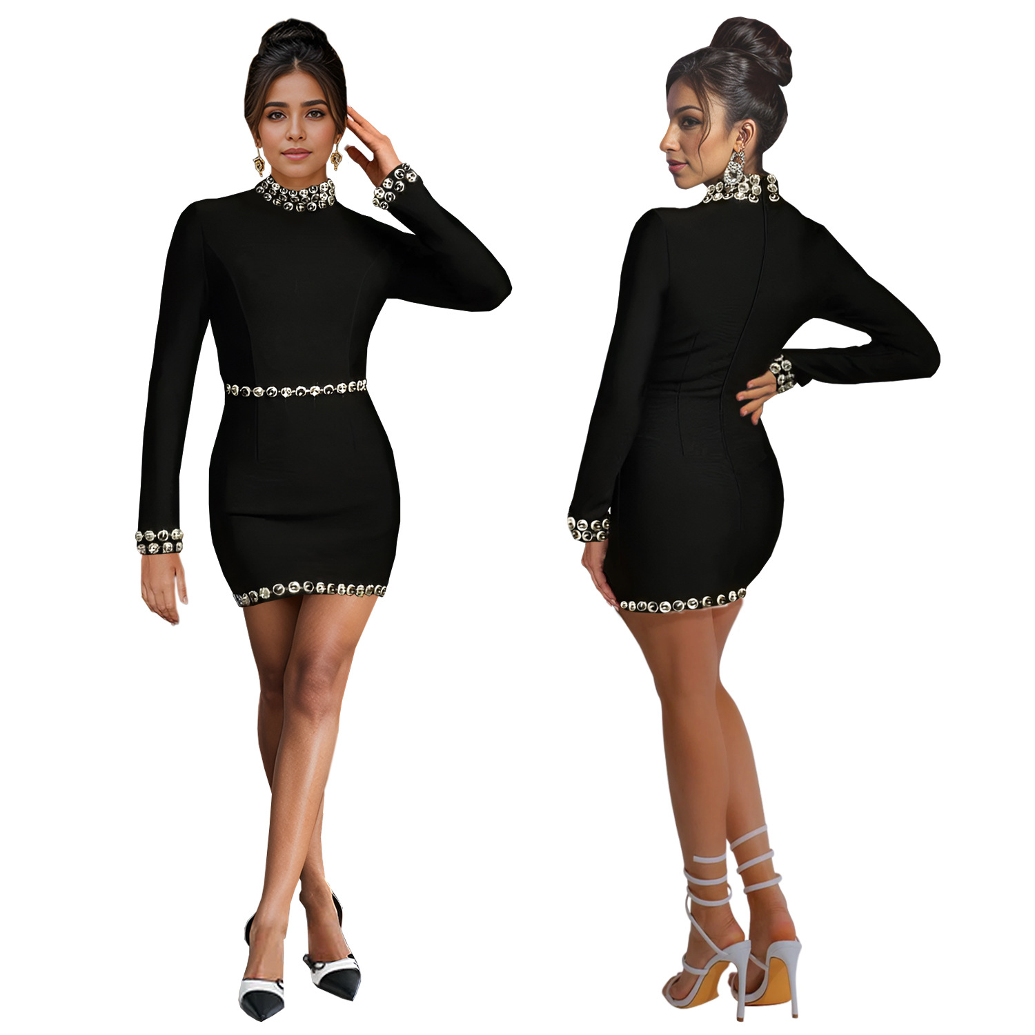C7183 Aliexpress transfronterizo Amazon Europa y América de moda de mujer alta delgada mangas largas diámetro caliente vestido corto