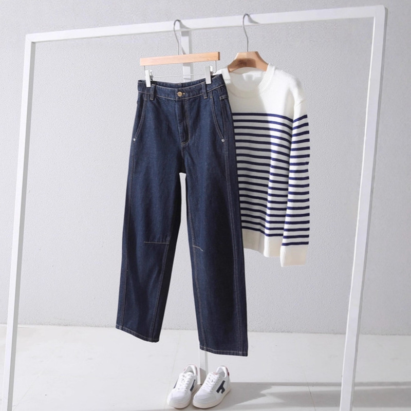 Yilu Long-Staple Cotton, Color-Blocked Straight-Leg Pants, Slightly Stretchy High-Waisted Women's Jeans for Wholesale