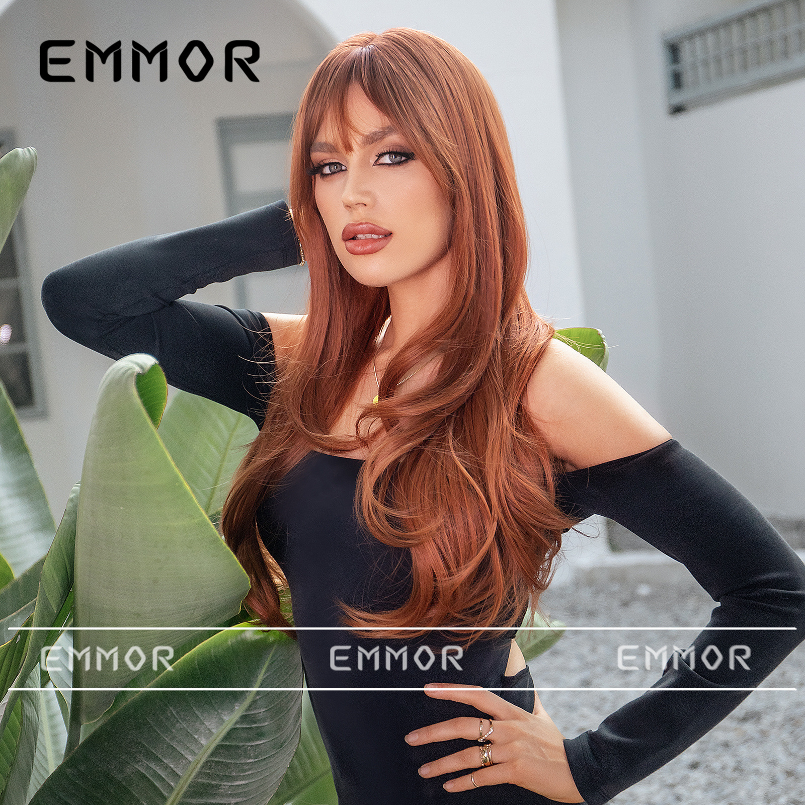 Comercio exterior transfronterizo Venta caliente peluca femenina flequillo recto sucio naranja degradado largo cabello rizado moda temperamento conjunto de pelo superior pelucas