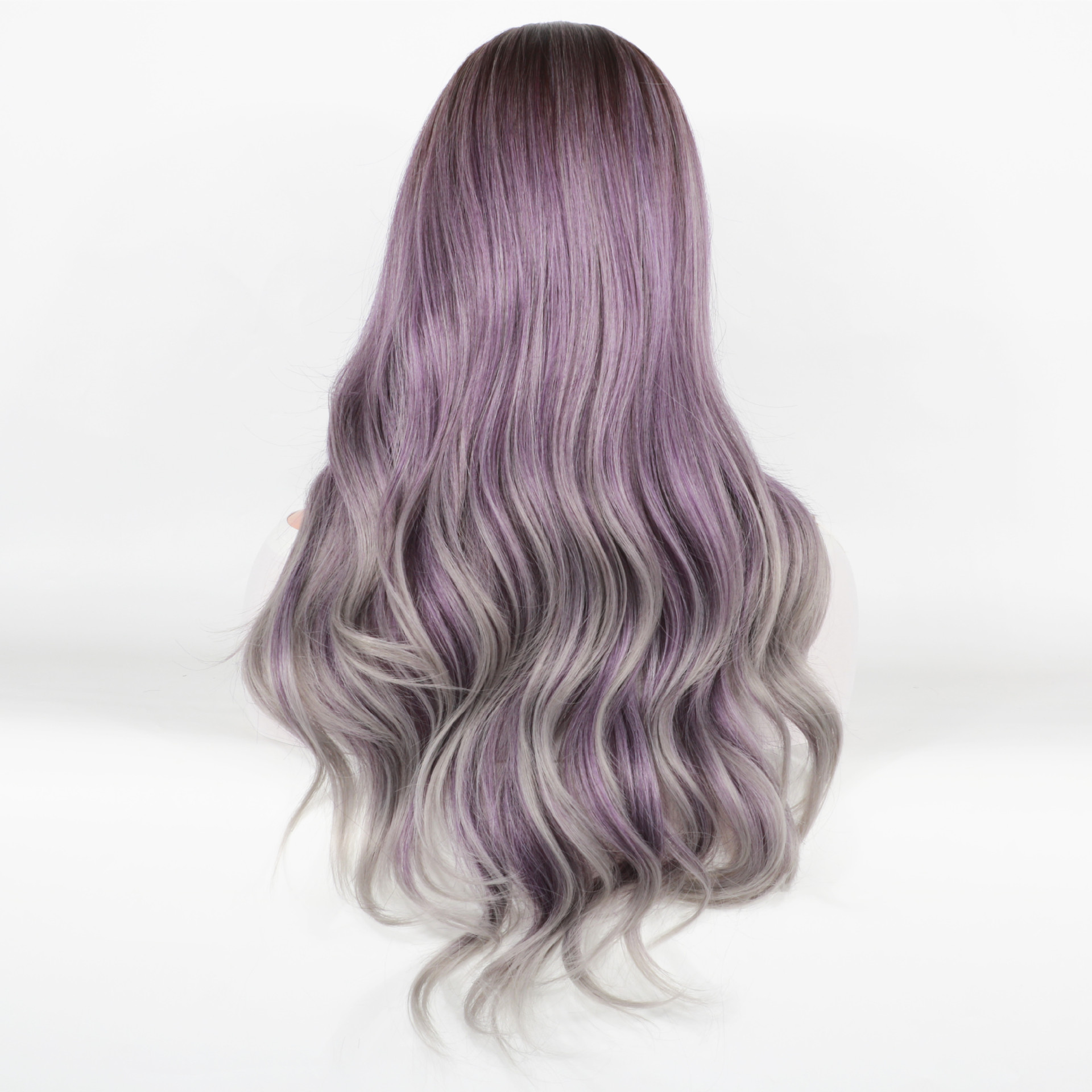 Synthetische Perücke für Damen, Hochtemperatur-Seidenkopfbedeckung, mittelgroß, geteilt, brauner Farbverlauf, violett, grau, lange lockige Haarperücken_voghion.com