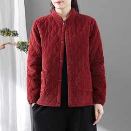 秋冬菱形棉服短款复古棉袄条绒外套女格立领棉衣宽松灯芯绒小夹棉