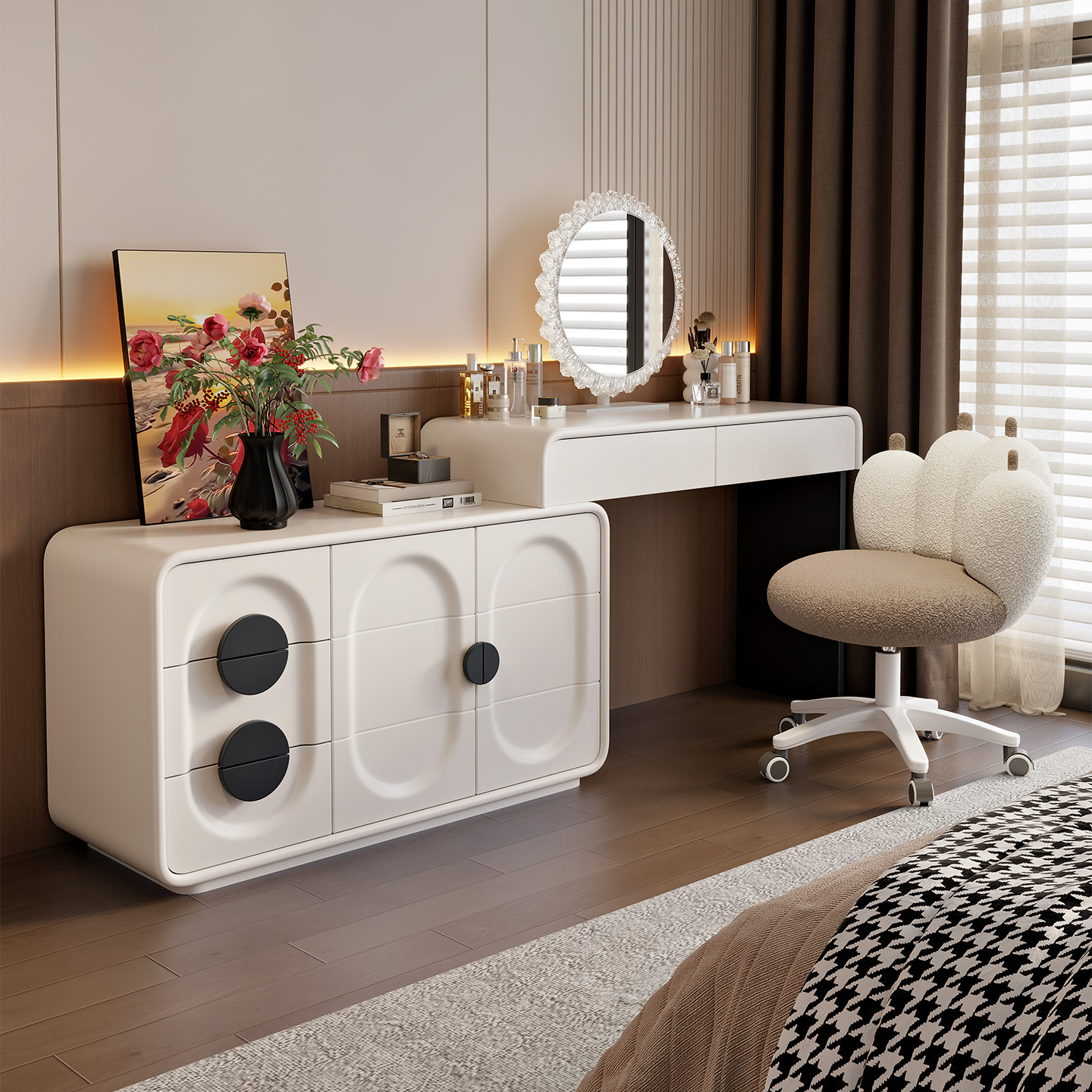 Medieval Cream Style Solid Wood Painted Dressing Table New Cupboard Integrated Bedroom Modern Simple Dressing Table Storage Cabinet