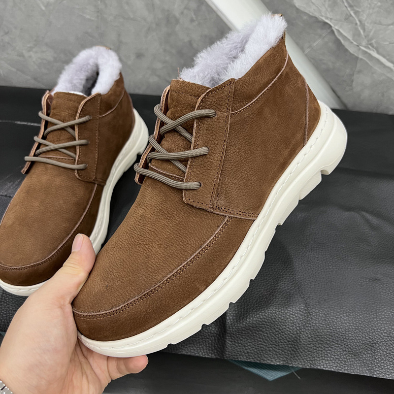 Botas de nieve de piel de hombre en invierno, zapatos de algodón de lana gruesa, cuero esmerilado a prueba de frío, botas de algodón casuales de piel de vaca, zapatos de hombre ligeros