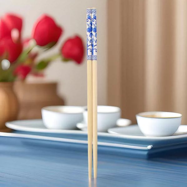 Manufacturer Wholesale Disposable Blue and White Porcelain Red Flower Bamboo Chopsticks Restaurant Chopsticks Individually Packaged Takeaway Portable Tableware