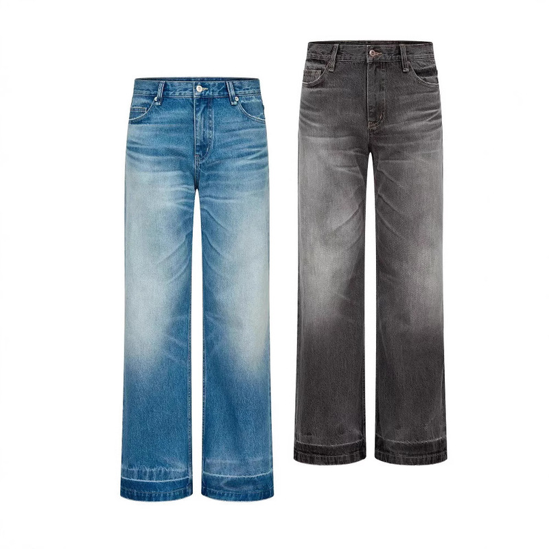 High-Quality "Glacier Ripple" Ice Blue Washed Distressed High-Ounce Whiskered A-Line Jeans Straight Wide-Leg Pants