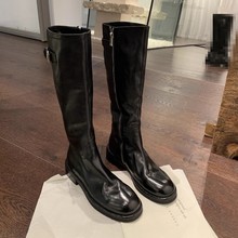 高版牛皮版~葡萄妈同款水洗马皮粗跟厚底显瘦长筒靴骑士靴女秋冬