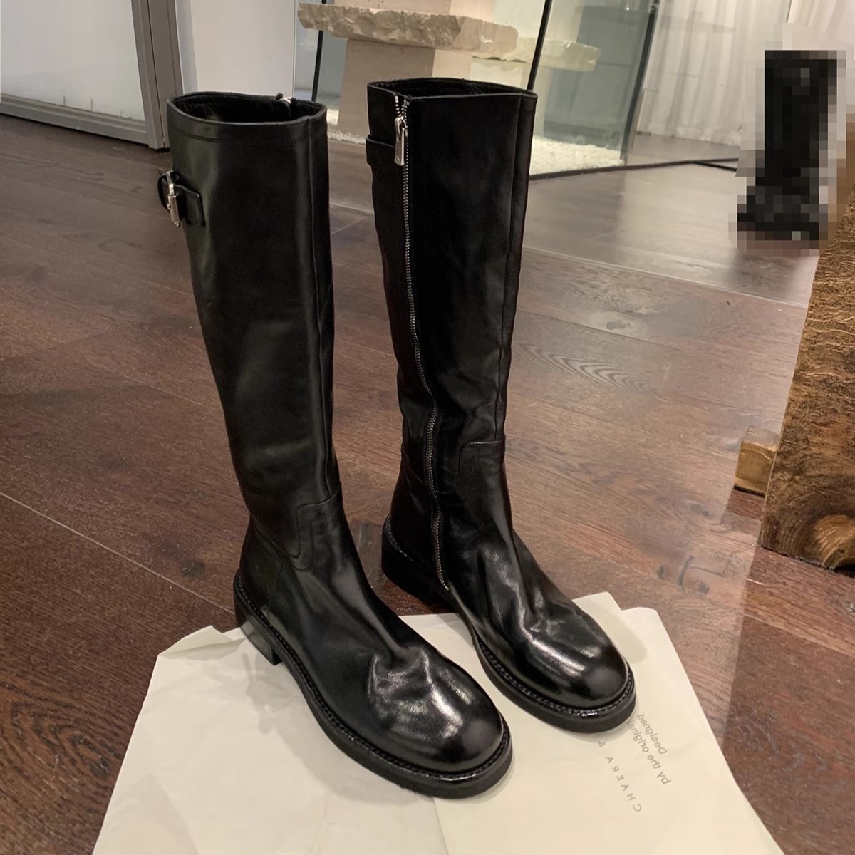 高版牛皮版~葡萄妈同款水洗马皮粗跟厚底显瘦长筒靴骑士靴女秋冬