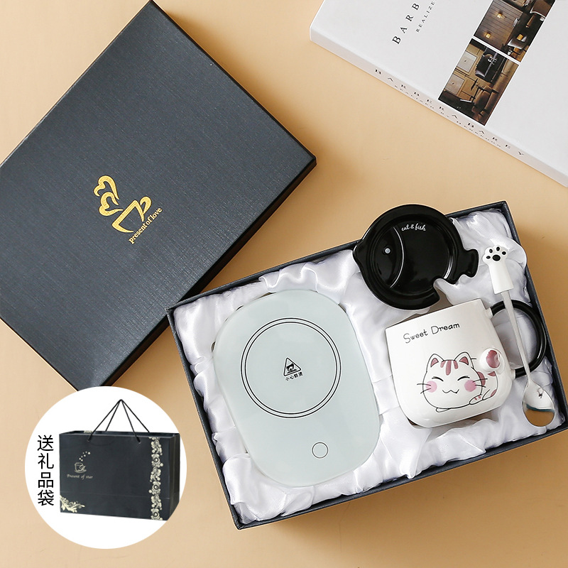 Taza de gato Mark con tapa Cuchara Taza de agua de cerámica Taza de pareja de dibujos animados de cerámica para hombres y mujeres Taza de desayuno de café de oficina