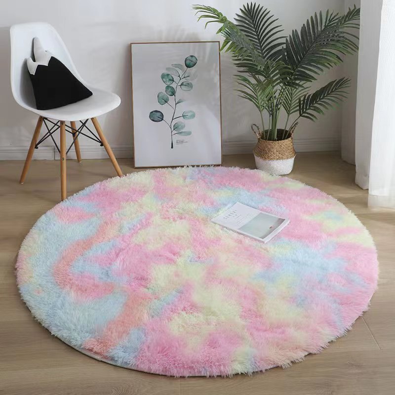Cross-Border Round Silk Wool Carpet Mat, Tie-Dyed Long Plush Non-Slip Mat, Living Room Sofa Round Table Mat, Cooling Mat Carpet
