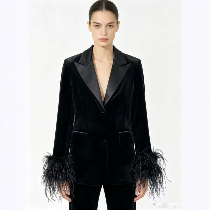 European and American Fashion Black Velvet Blazer for Women, New Style with Feather Cuff Design, High-End Feel, Suitable for Work