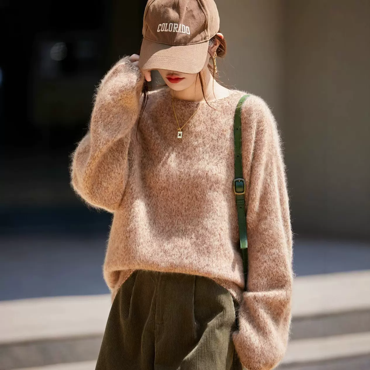 法式气质七针厚毛衣女秋冬新款慵懒风打底上衣长毛拉绒羊毛衫圆领