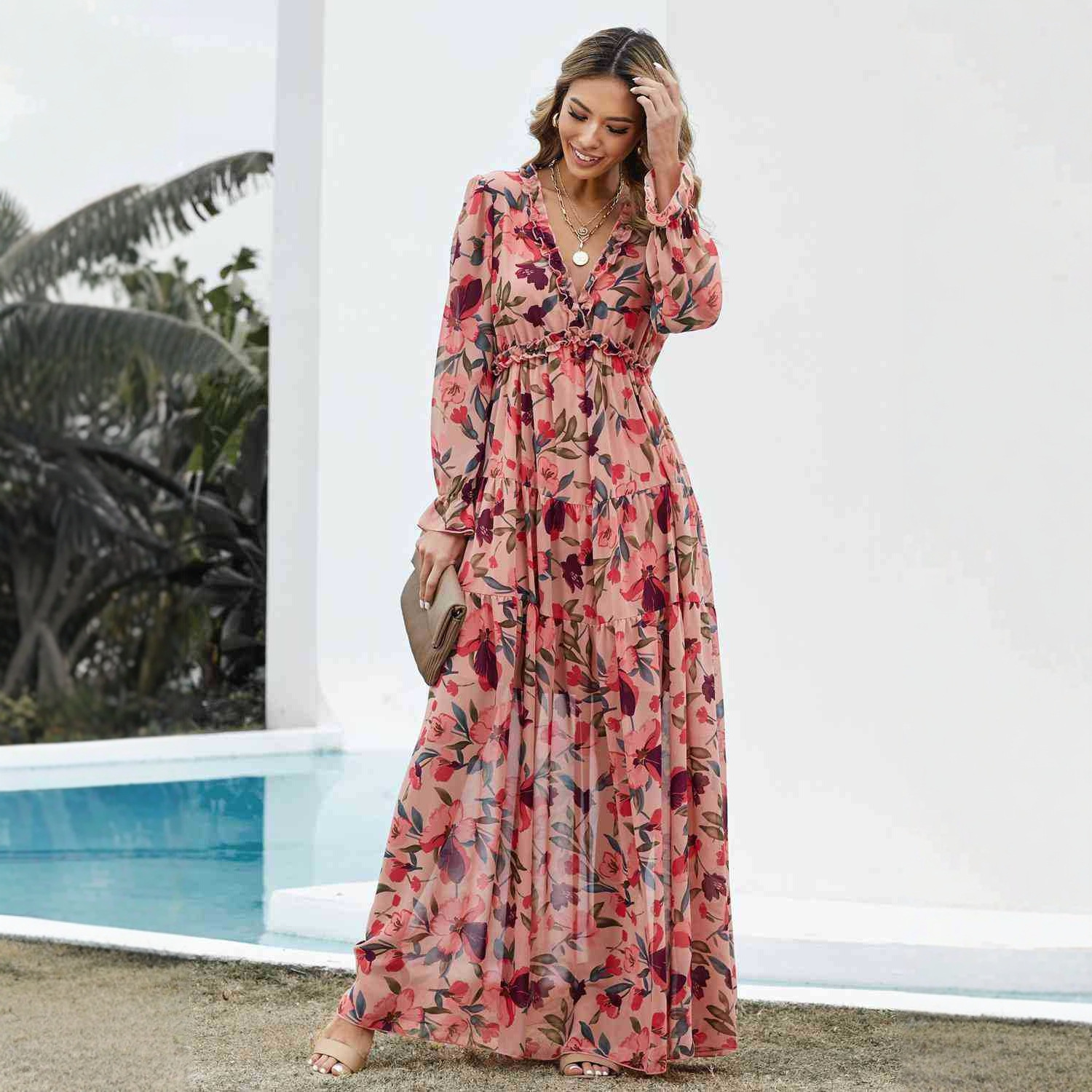 European and American 2025 Summer Cross-Border Long-Sleeved European and American V Neck Chiffon Floral Evening Dress Bohemian Seaside Dress for Women