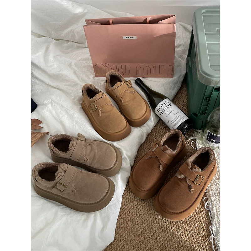 Нескользящая теплая хлопчатобумажная обувь интернет-знаменитостей на педальной платформе, Женская Зима 2023, Новое поступление, обувь Maomao Birken в стиле ретро на флисовой подкладке