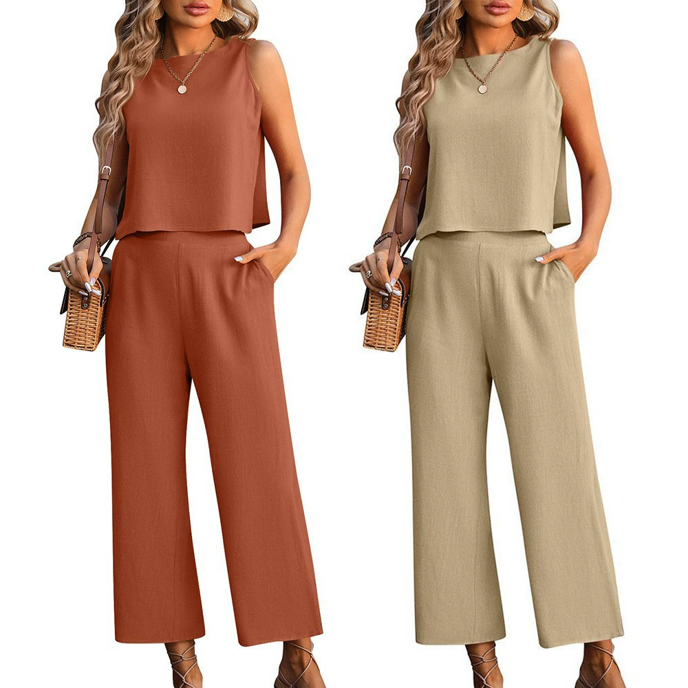 Летний женский костюм 2024 года, европейский и американский стиль, безрукавка и широкие брюки, повседневный комплект из двух предметов, Amazon.