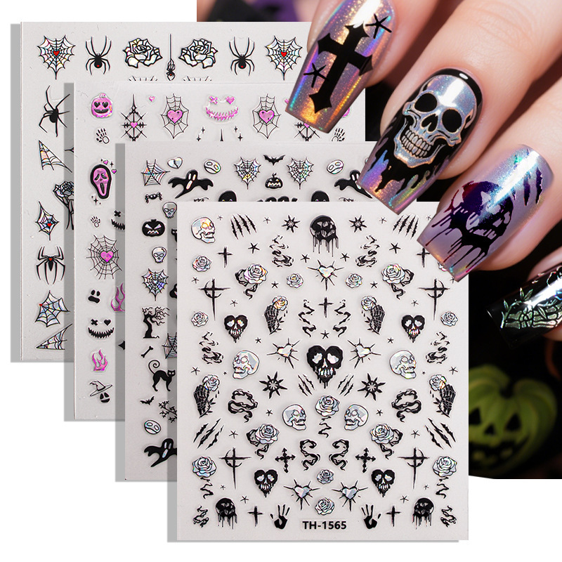 Zhengxiang's New Halloween Nail Art Stickers DIY Dark Laser Skull Spider Web Cross-Border European and American Ins Nail Stickers