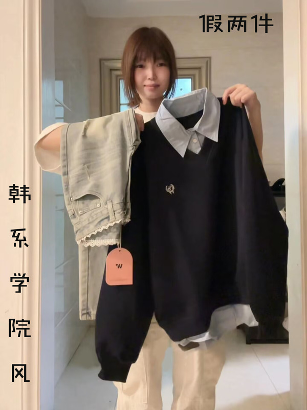 韩系学院风拼polo领长袖卫衣女春秋设计感宽松气质休闲百搭衣|undefined