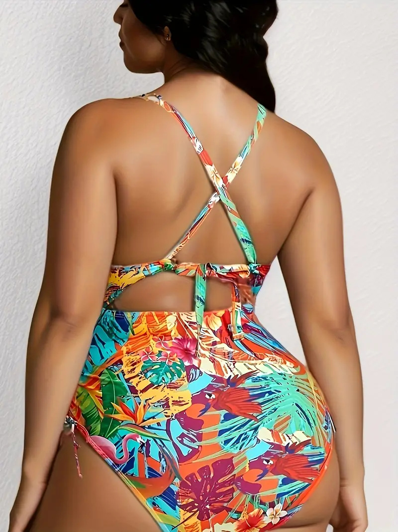 Tropical Pattern Hollowed-out Cross-back Strap Multi-color Printed Sexy Plus-size Swimsuit TK014_voghion.com