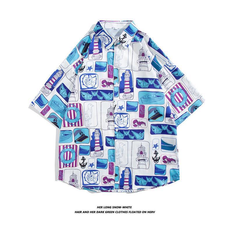 Hong Kong estilo Retro Vintage floral camisa de manga corta Estilo Hawaiano tailandés diseño sentido Ruan guapo camisa suelta para hombres y mujeres