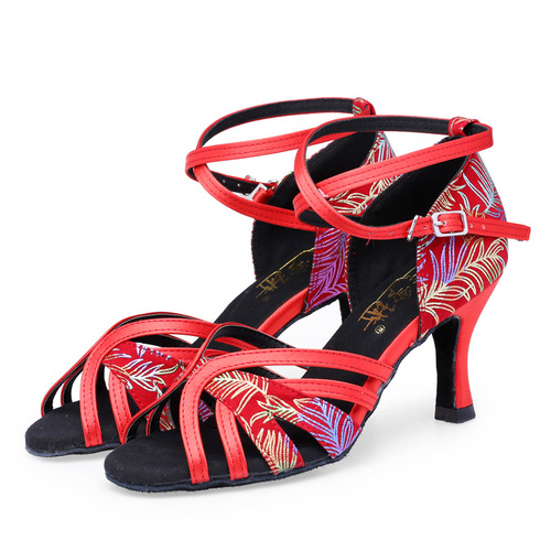Black red Modern latin ballroom dance shoes for women girls high Latin dancing shoes adult dancing shoes sandal soft bottom shoes