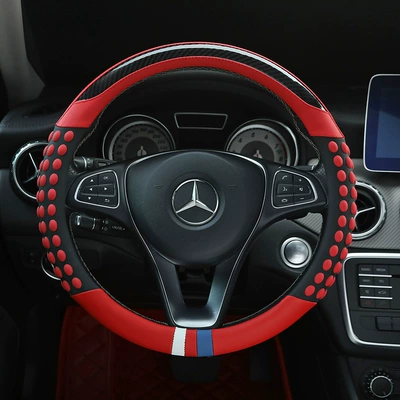 Amazon car steering wheel cover carbon fiber stitching three-dimensional wave point ultra-thin sweat-absorbent breathable non-slip handle cover generation hair (Steering wheel cover) - red-38cm