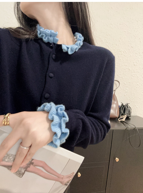 港米服饰/法式撞色木耳花边羊毛开衫毛衣宽松针织上衣女秋新|undefined